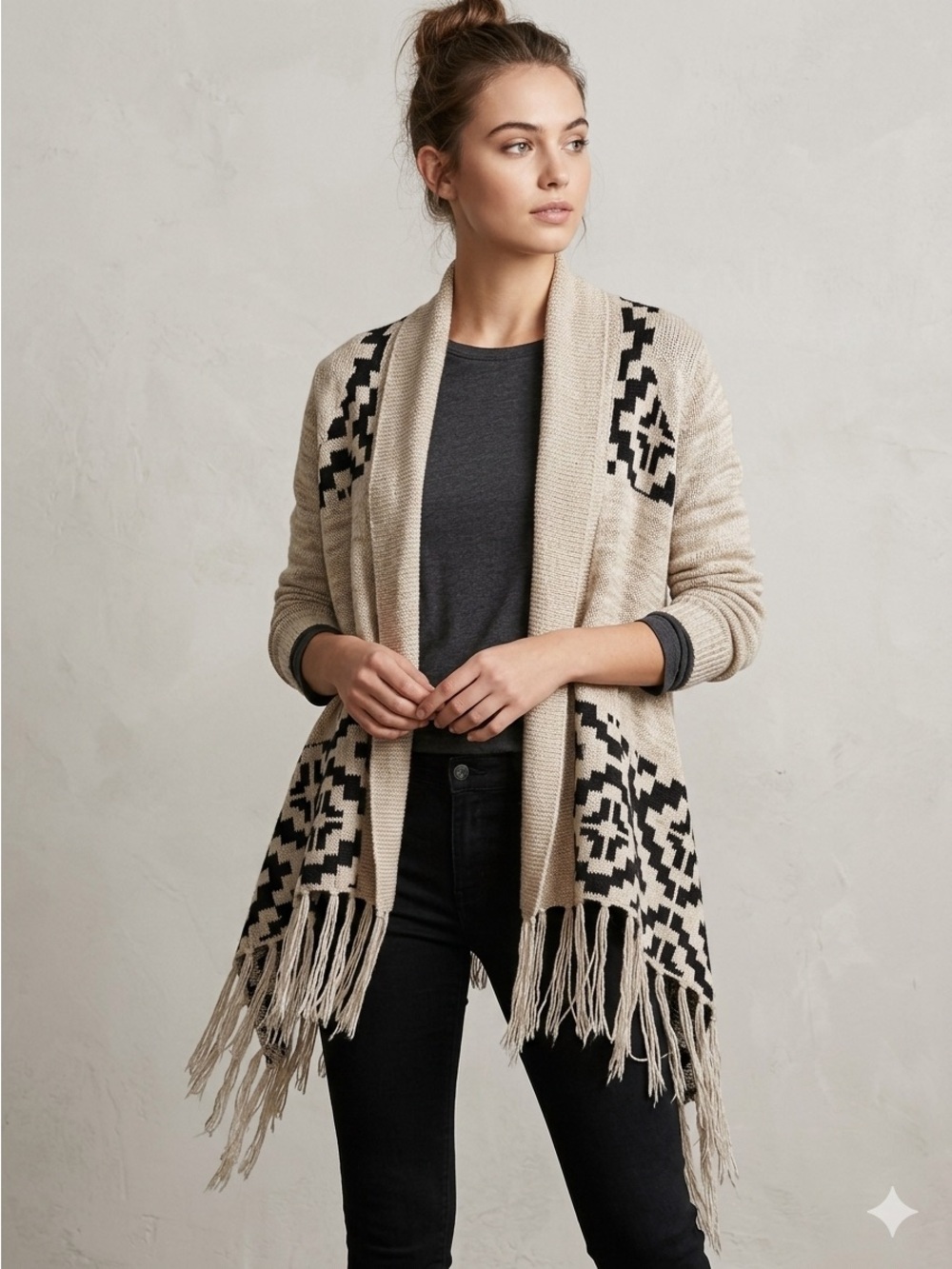 Beige & Black Aztec Geometric Fringe Open-Front Sweater Boho Shrug Cardigan - M